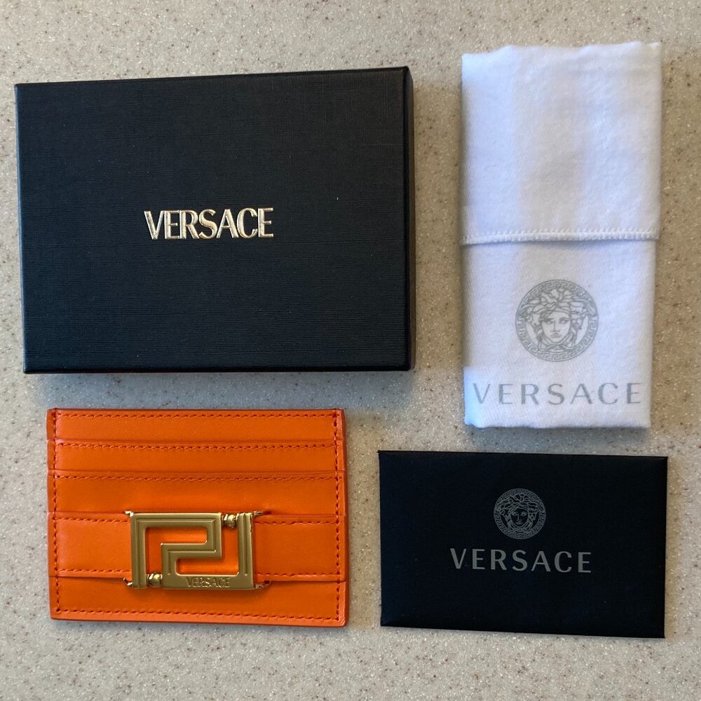Versace Greca Goddess Orange Card Holder Unisex Logo NIB